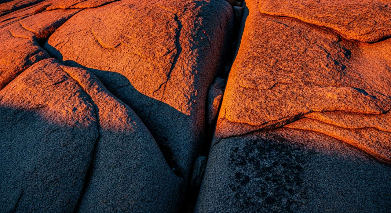 A weathered granite cliff face showing prominent cracks and crevices, illuminated by dramatic low-angle sunlight.