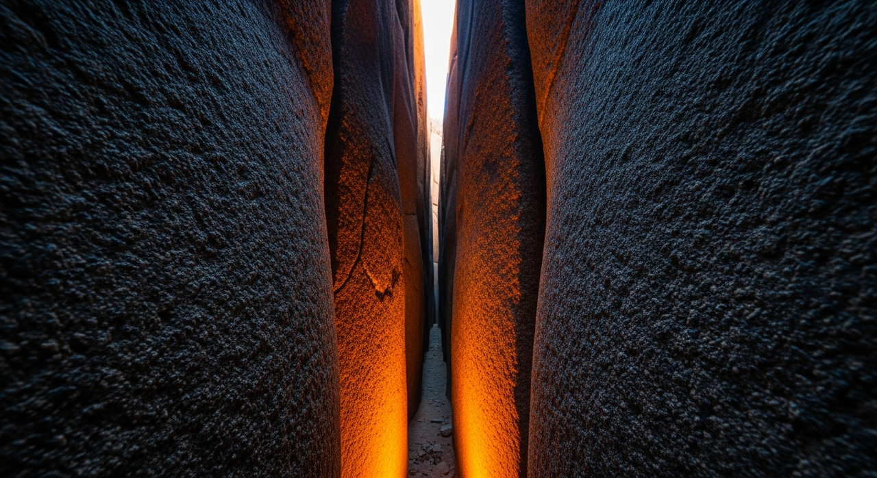 A deep, narrow canyon crevice with sunlight illuminating only its textured bottom.