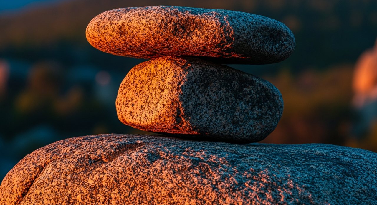 A large, balanced rock formation, precariously stacked, framed against a blurred natural backdrop.