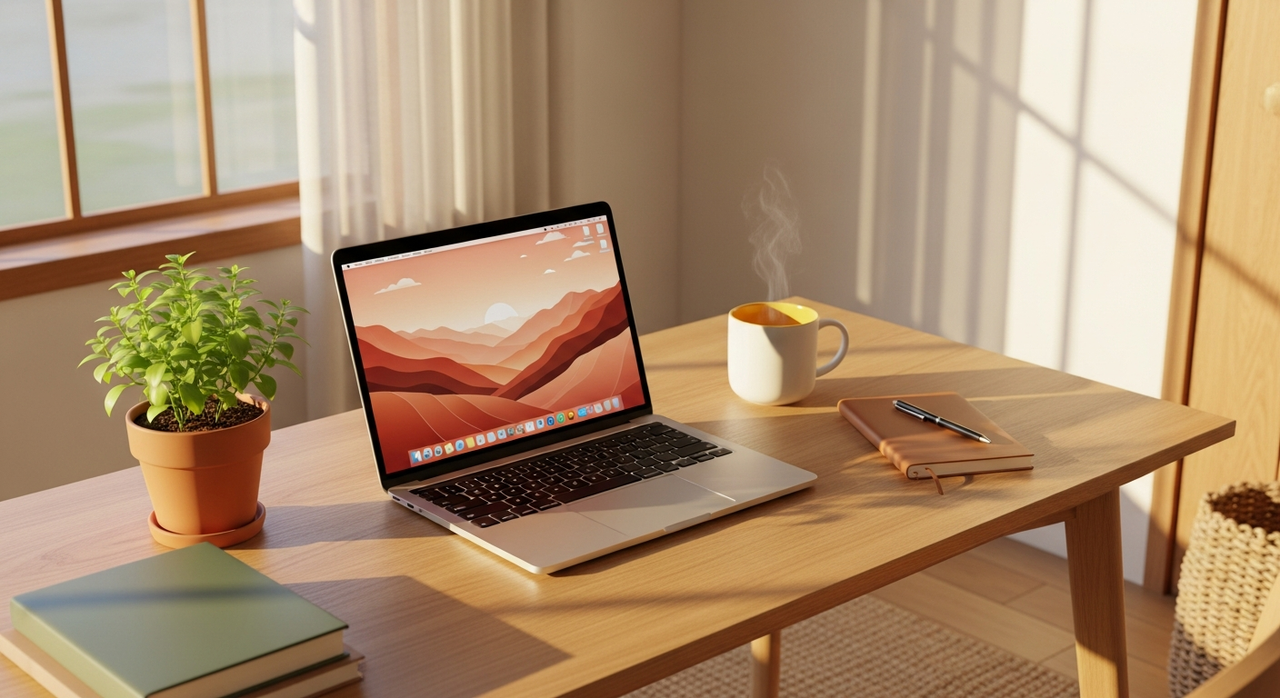 A minimalist home office desk with a laptop, plant, and coffee mug.
