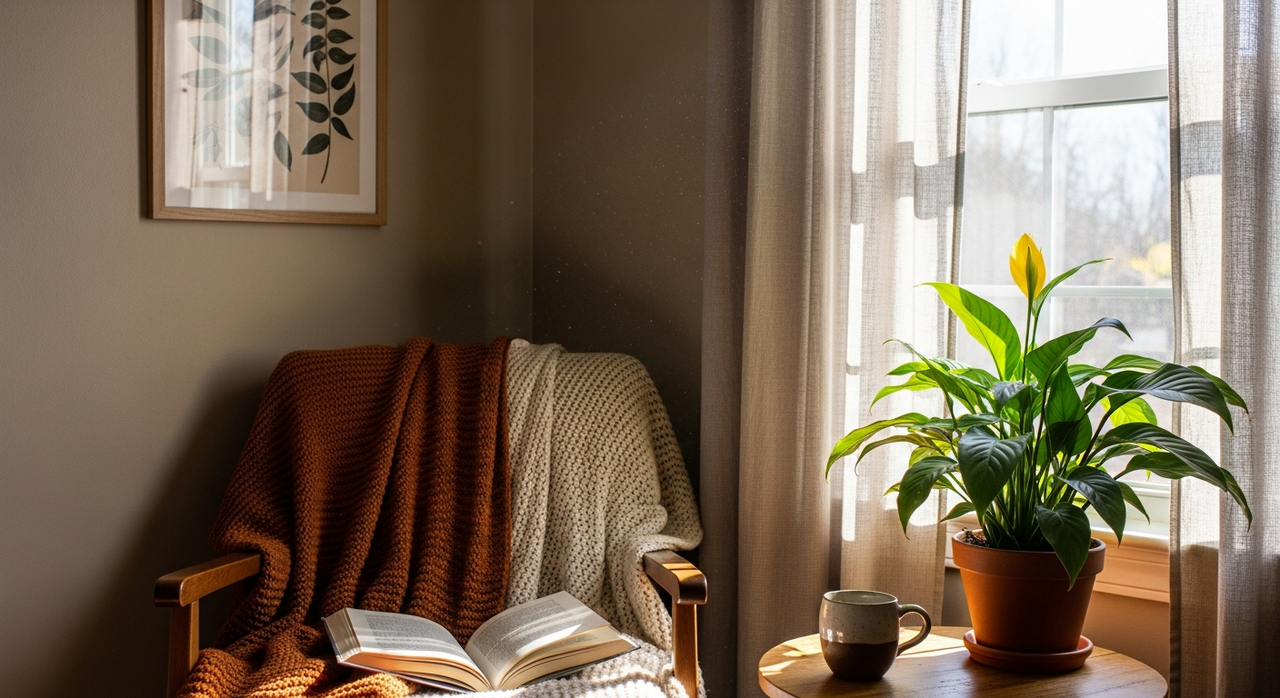 A cozy reading nook with an armchair, blanket, and book, near a window.