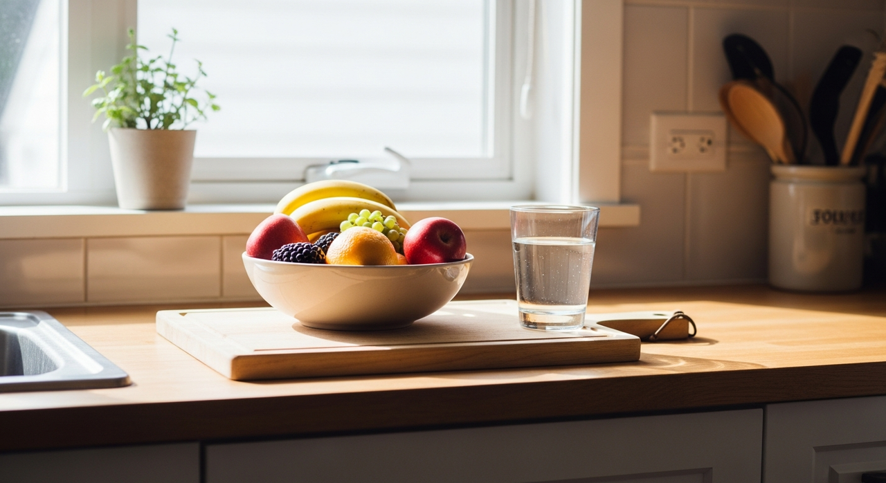 A bright kitchen counter with fresh fruit, a cutting board, and a glass of water.