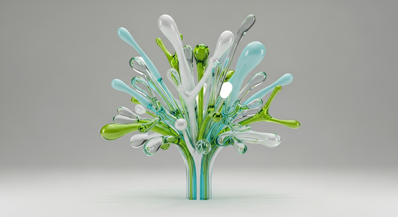 An abstract plant-like form with branching structures and rounded, glossy tips.