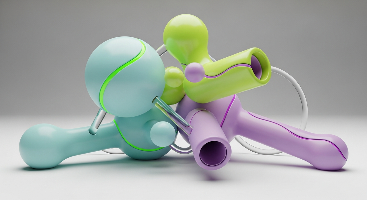 A cluster of abstract spherical and cylindrical forms, interconnected with transparent rods.