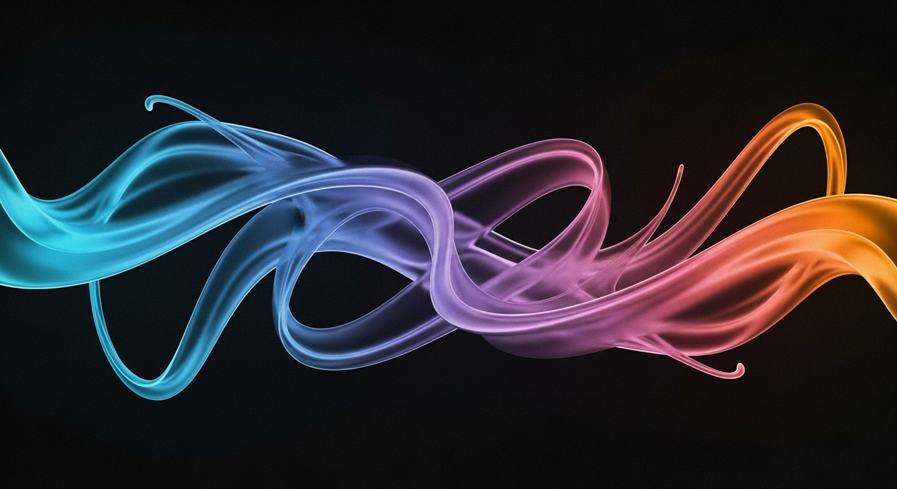 Abstract flowing liquid forms, resembling smoke or waves, with iridescent reflections on a dark background.