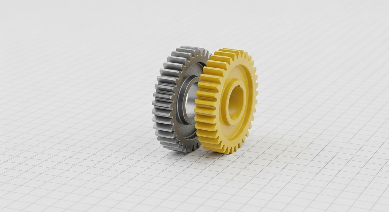 Two interlocking gears, one silver and one yellow, on a white grid.