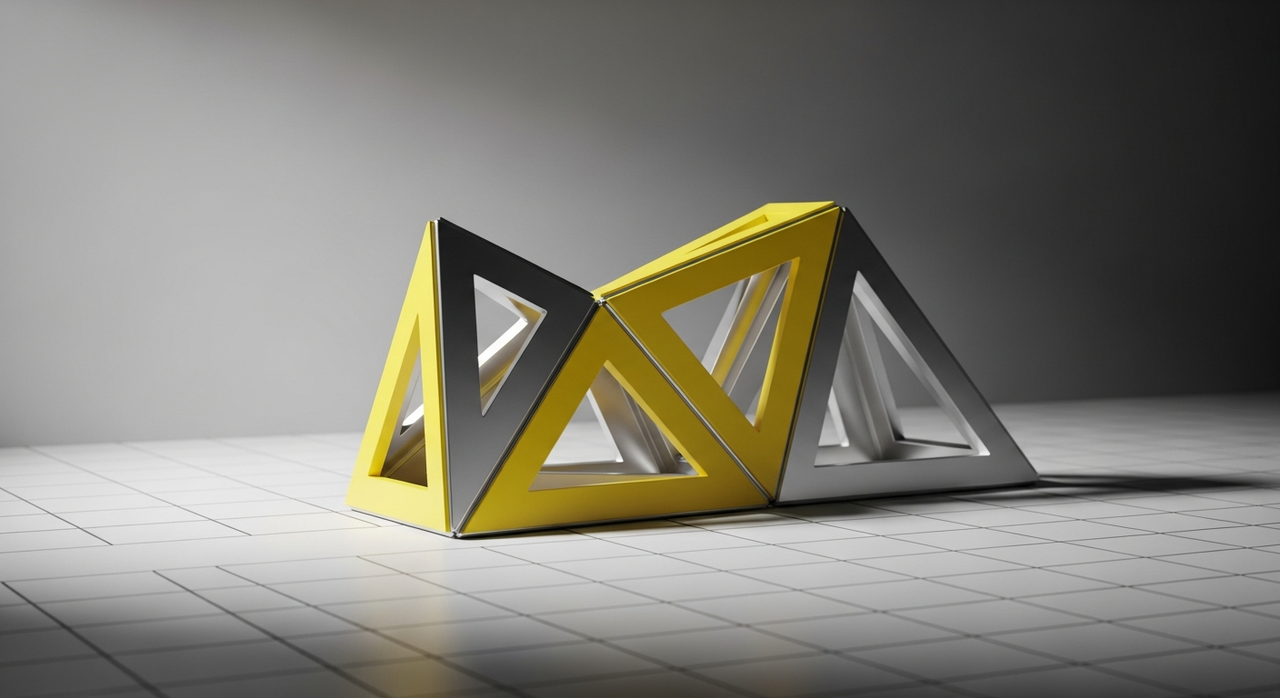 An abstract geometric structure made of connecting yellow and silver triangular prisms.