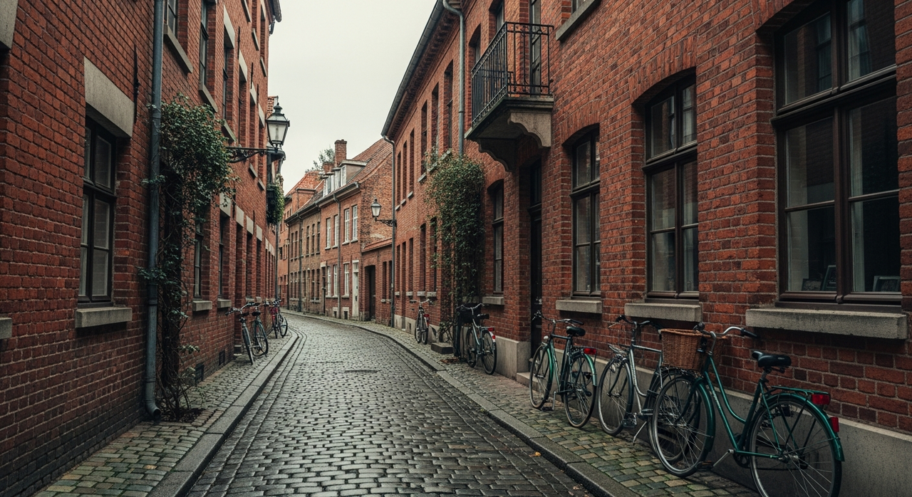 A narrow cobblestone street lined with historic brick buildings and parked bicycles.