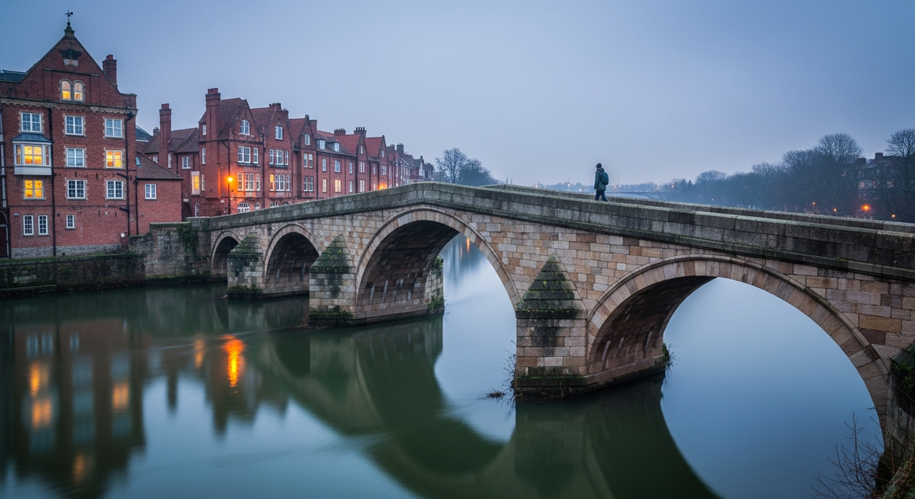 An ancient stone arch bridge spanning a calm river at twilight.