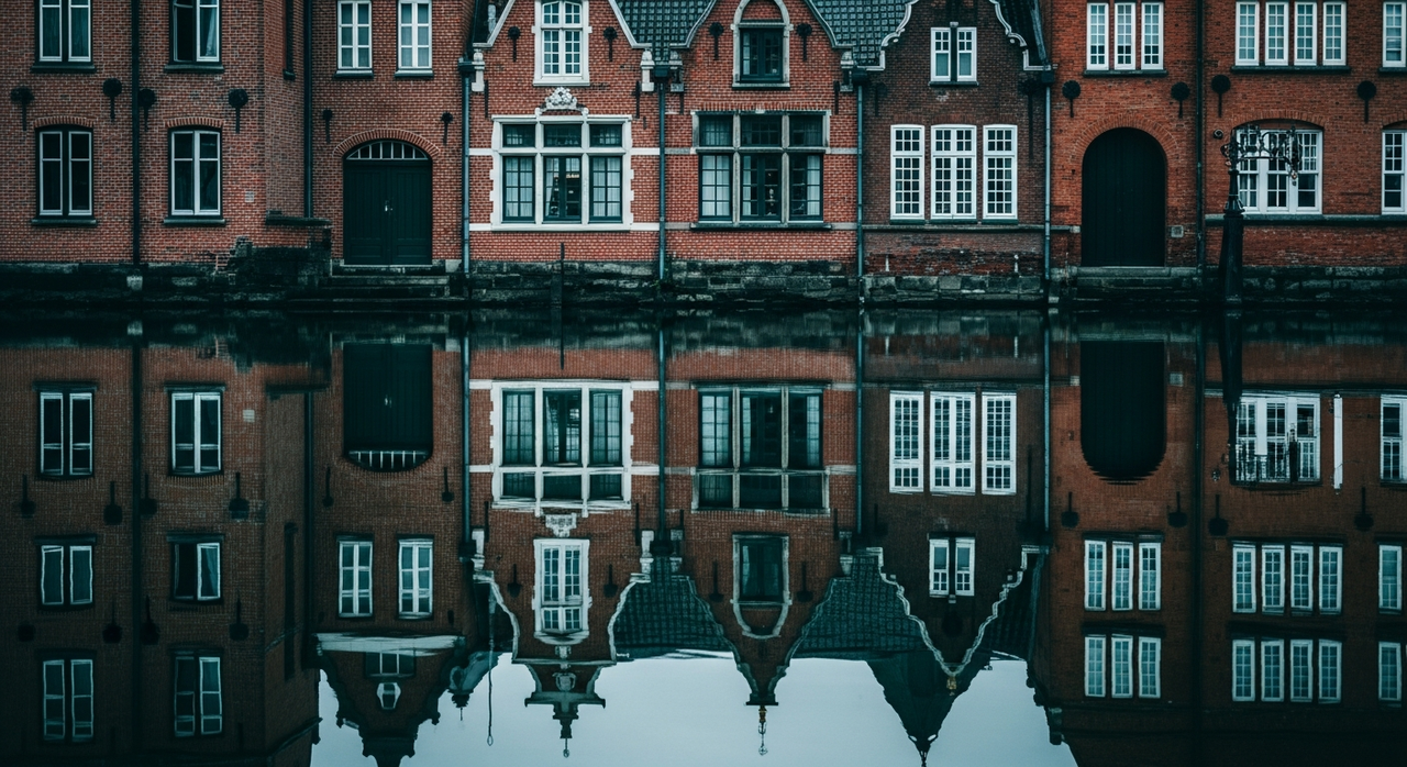 Detail of ornate windows and gables on a historic building facade reflected in water.