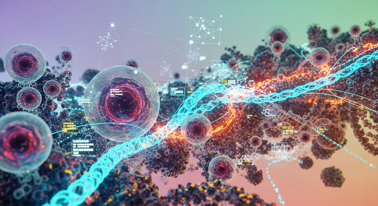 Microscopic view of intricate cellular structures interconnected by glowing energetic pathways in a system.