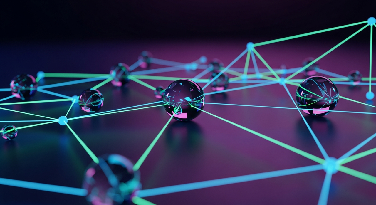 Abstract digital network of glowing lines connecting geometric nodes on a dark background.
