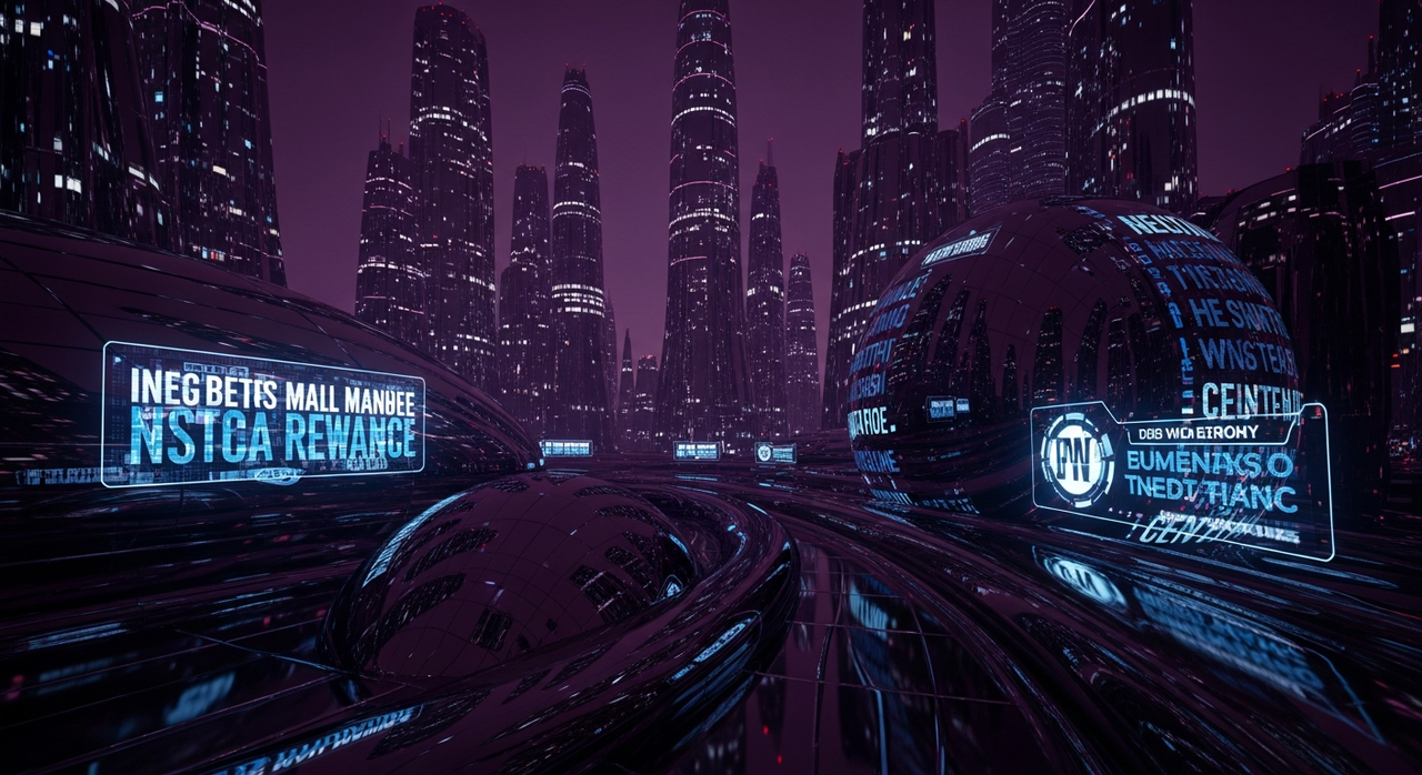 A digital 3D rendering featuring highly polished, reflective objects with a glossy, glass-like or chrome-like surface. The palette