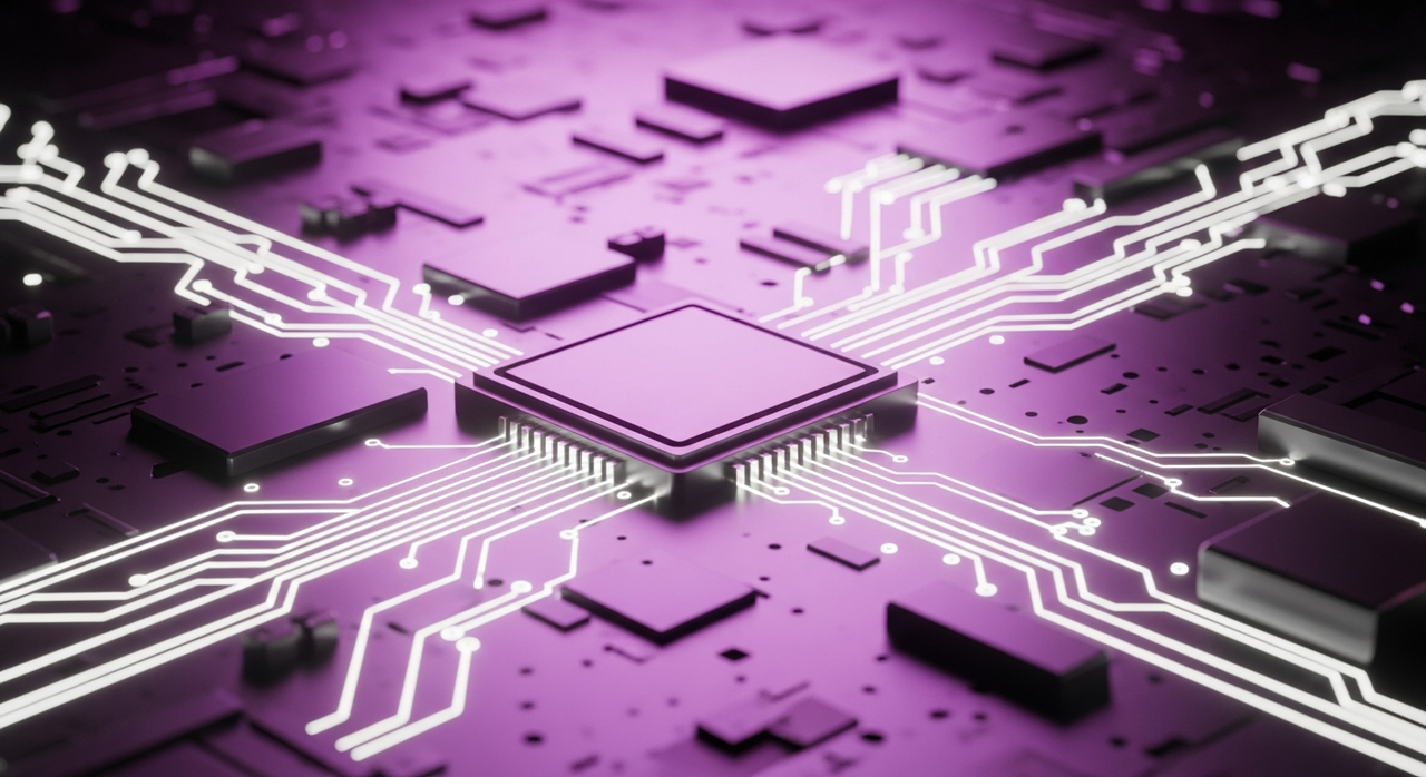 Close-up of a futuristic circuit board with glowing pathways and reflective metallic components.