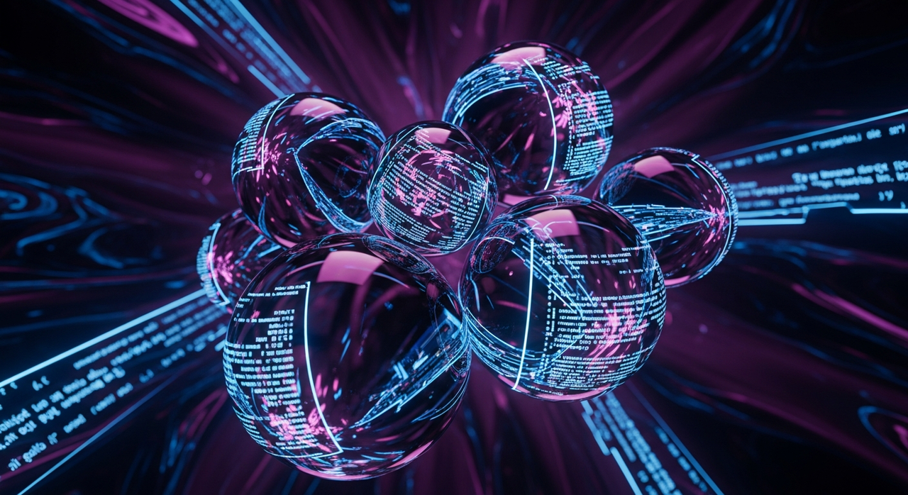 A digital 3D rendering featuring highly polished, reflective objects with a glossy, glass-like or chrome-like surface. The palette