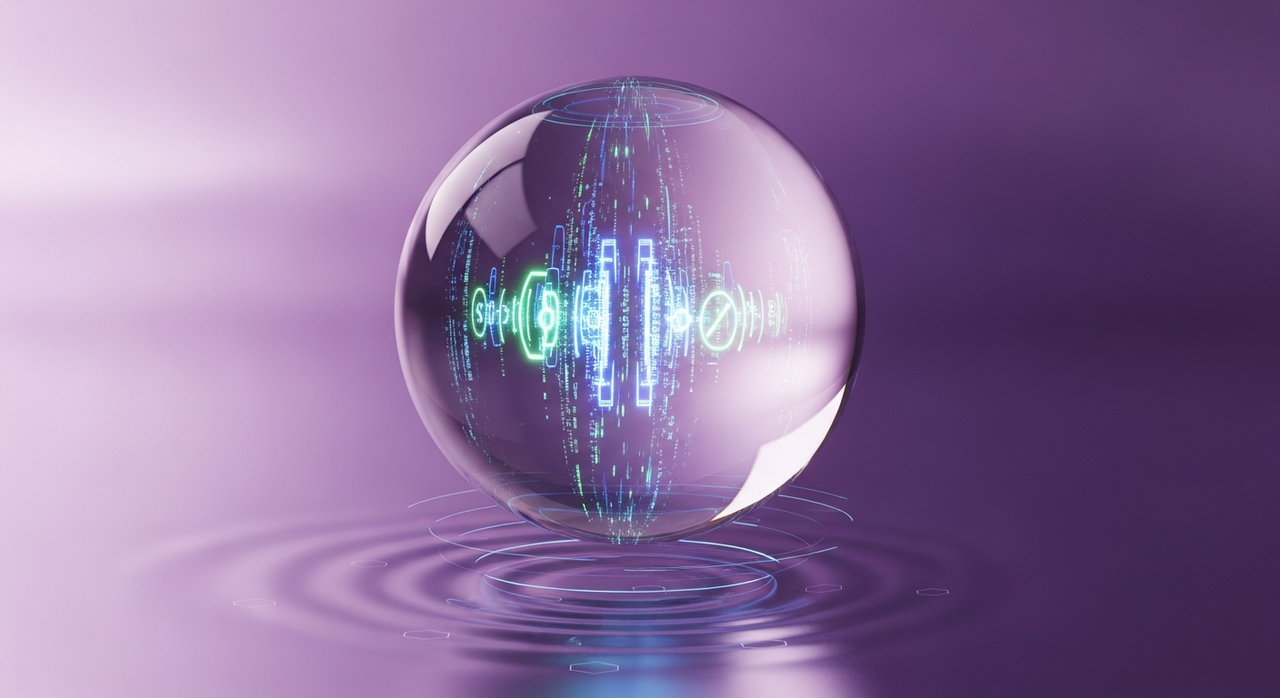 A floating, translucent sphere with internal glowing data patterns and abstract text.