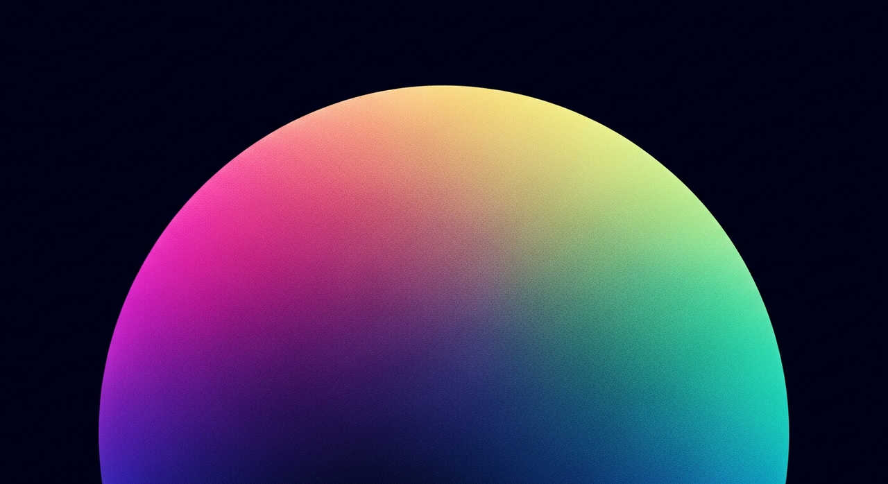 A large, isolated iridescent sphere reflecting a vibrant gradient, set against a dark void.
