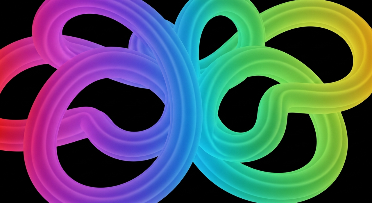 A series of interconnected iridescent tubes forming a flowing, abstract tunnel or pathway.
