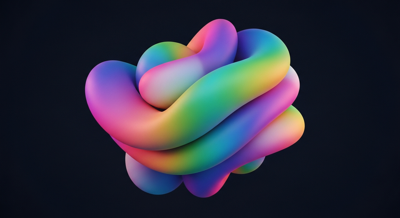 A stack of iridescent, rounded abstract blocks, casting soft, colorful glows.