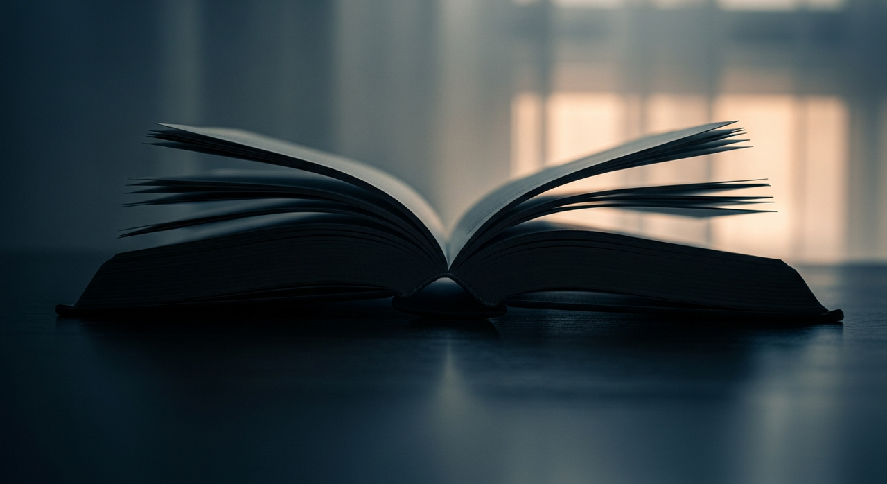 A vintage open book lies on a dark wooden desk, illuminated by a distant window.