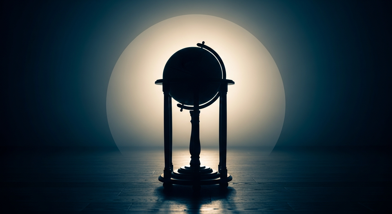 A single, antique globe stands on a pedestal in a vast, dimly lit room.