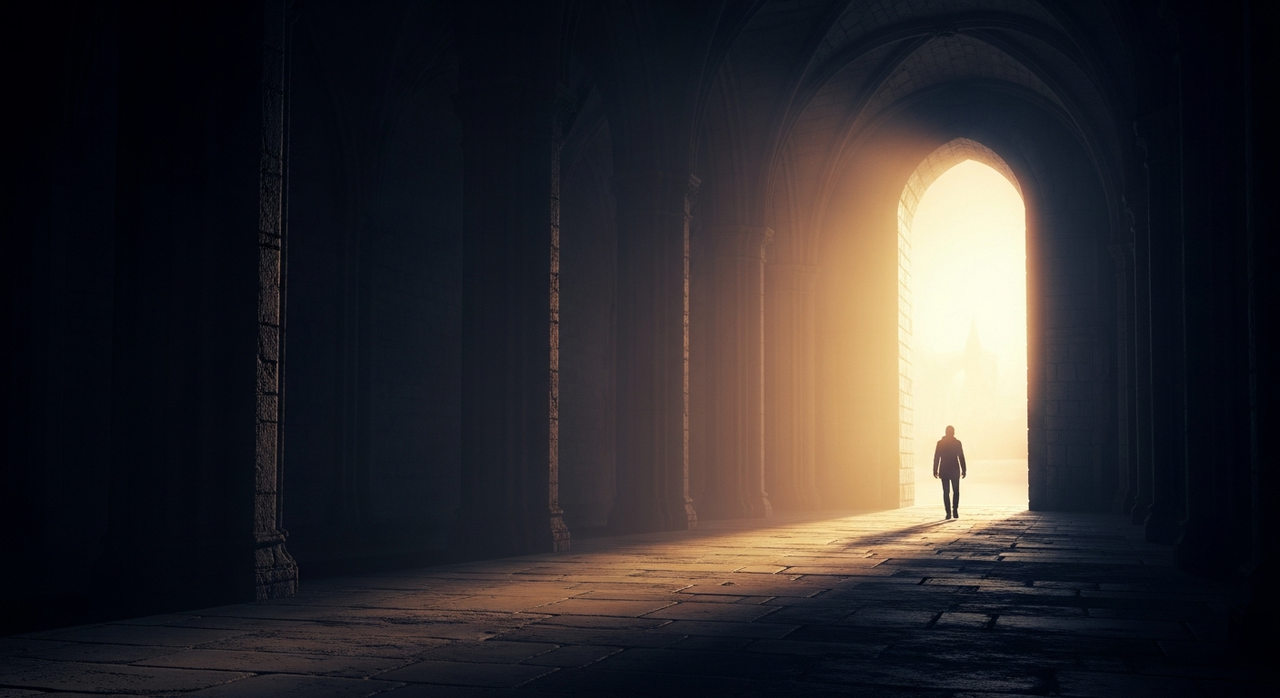 A long, empty corridor stretches towards a brightly lit archway at its far end.