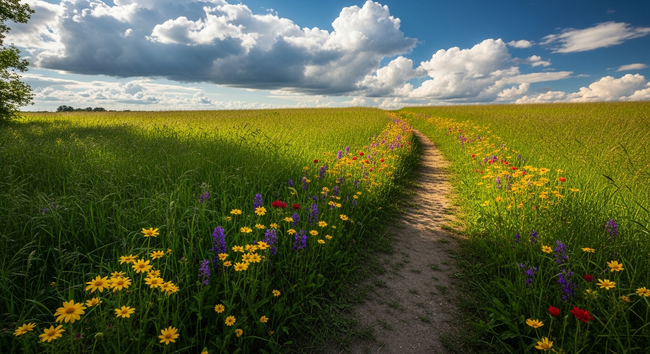 A winding dirt path through a sunlit meadow bordered by wildflowers under a blue sky.