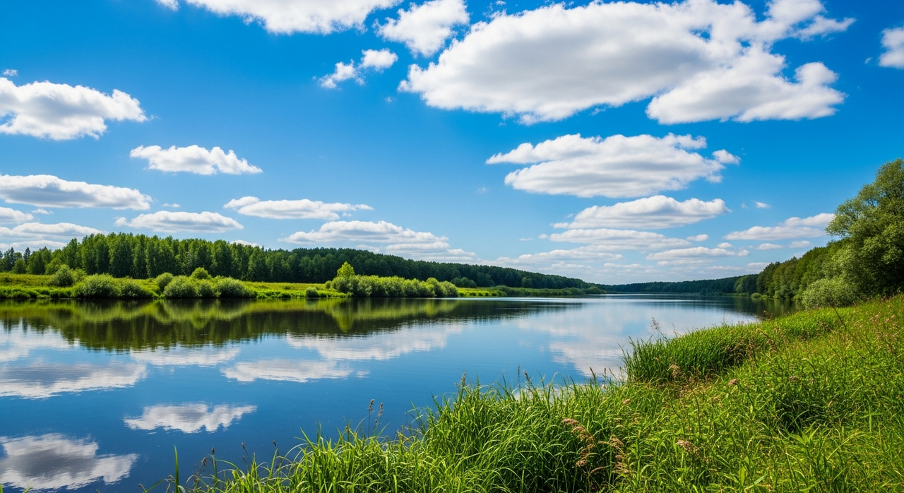 A calm river reflecting a clear blue sky, flanked by lush green reeds on its banks.