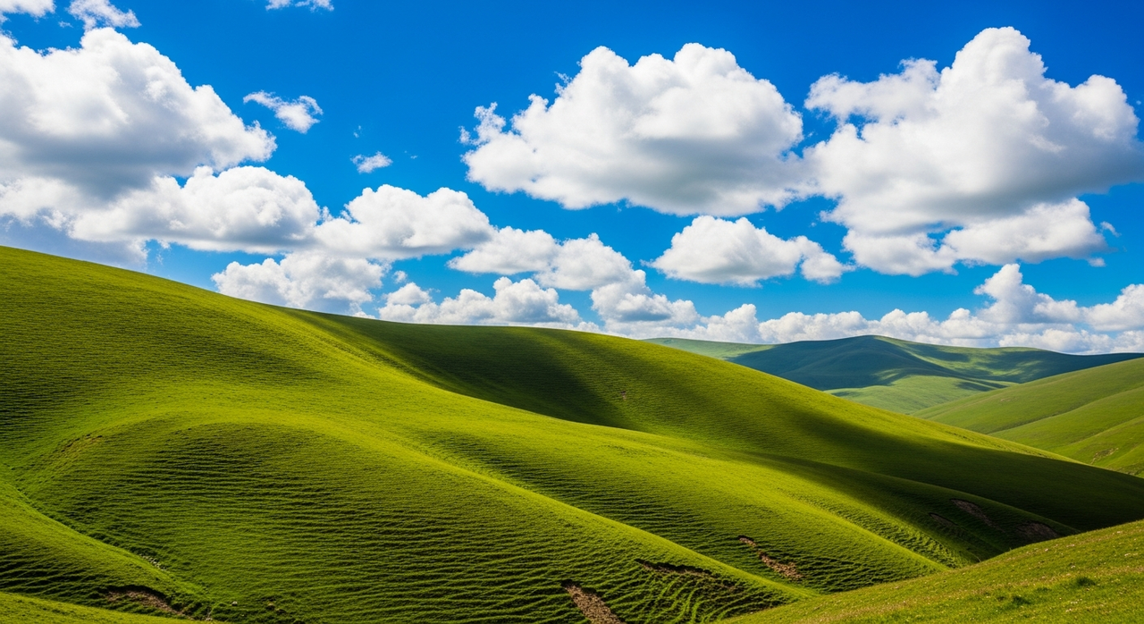 Rolling green hills stretching to the horizon under a bright sky with scattered white clouds.