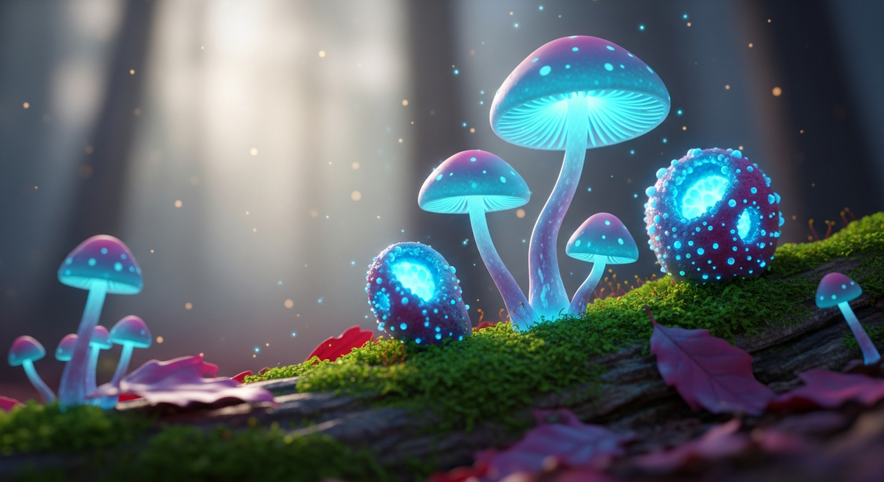 A cluster of glowing, fantastical mushrooms nestled on a moss-covered log in a forest.
