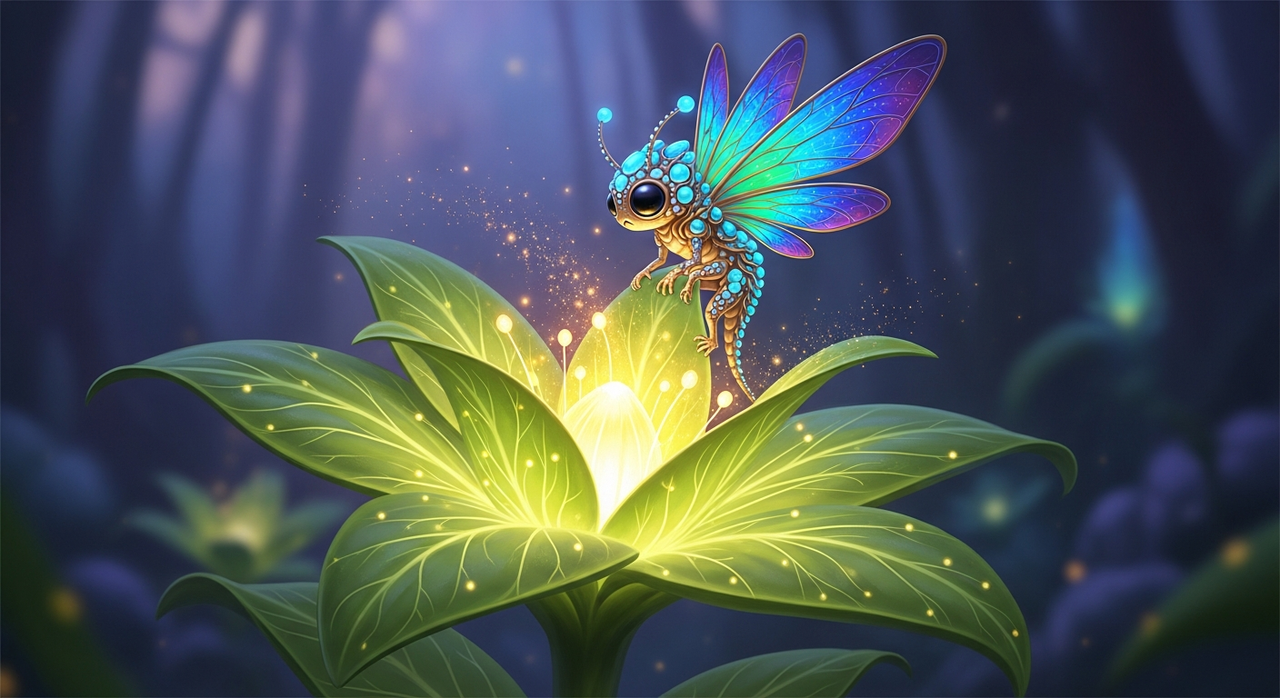 A small, fantastical bioluminescent creature perched on a glowing plant in a serene setting.