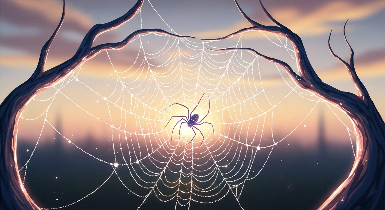 An intricate, dew-kissed spiderweb stretching between two stylized, glowing branches at dawn.