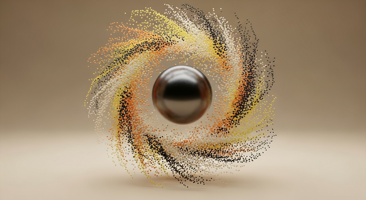 A metallic sphere suspended in air, surrounded by a cloud of colorful particles.