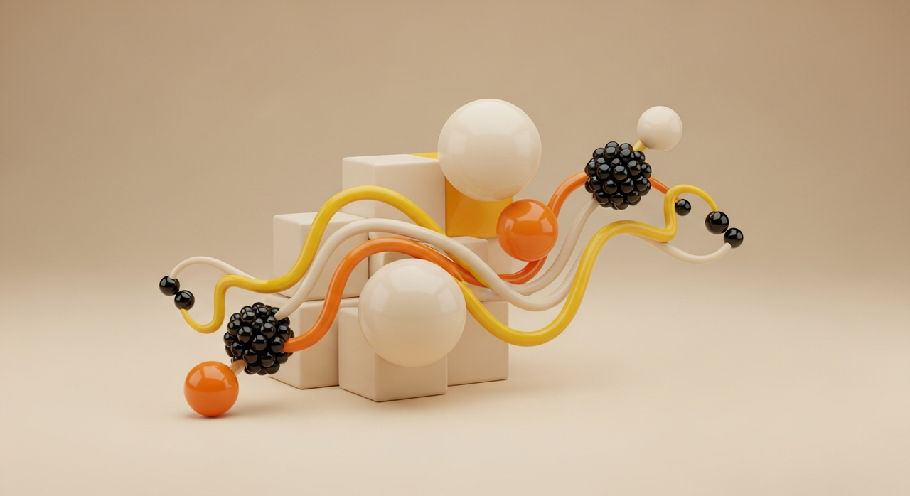 Abstract geometric shapes connected by flowing, organic tendrils and spheres.