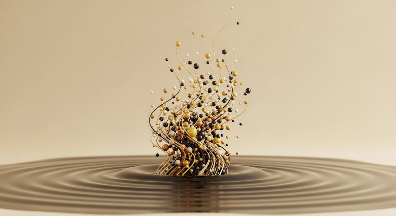 A smooth, dark brown surface with ripples of particles emerging from it.