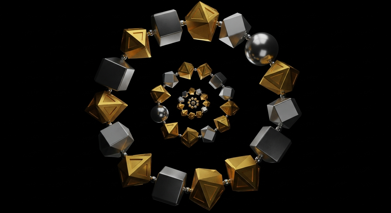 A floating, interconnected chain of geometric metallic shapes, spiraling upwards.