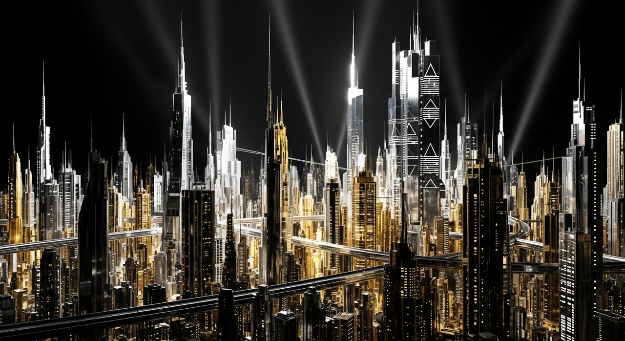 A complex geometric structure resembling a futuristic city skyline, made of metallic elements.