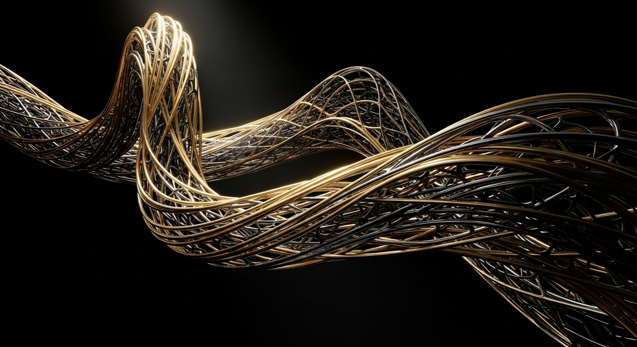 An intricate, woven metallic mesh forming an organic, flowing shape in deep space.